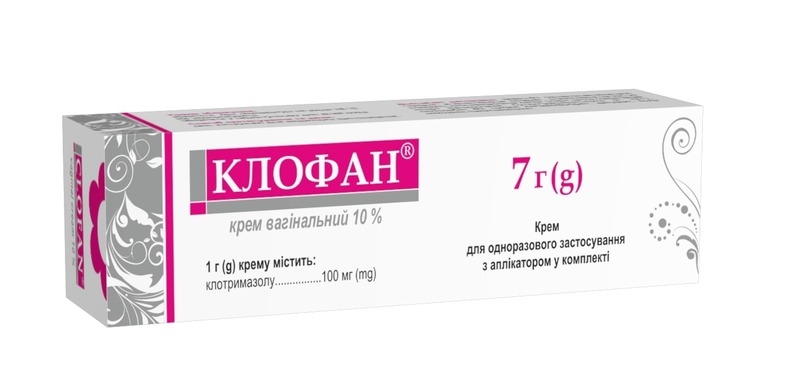 КЛОФАН® крем вагінальний 10 %, по 7 г у тубі; по 1 тубі разом з аплікатором у картонній упаковці